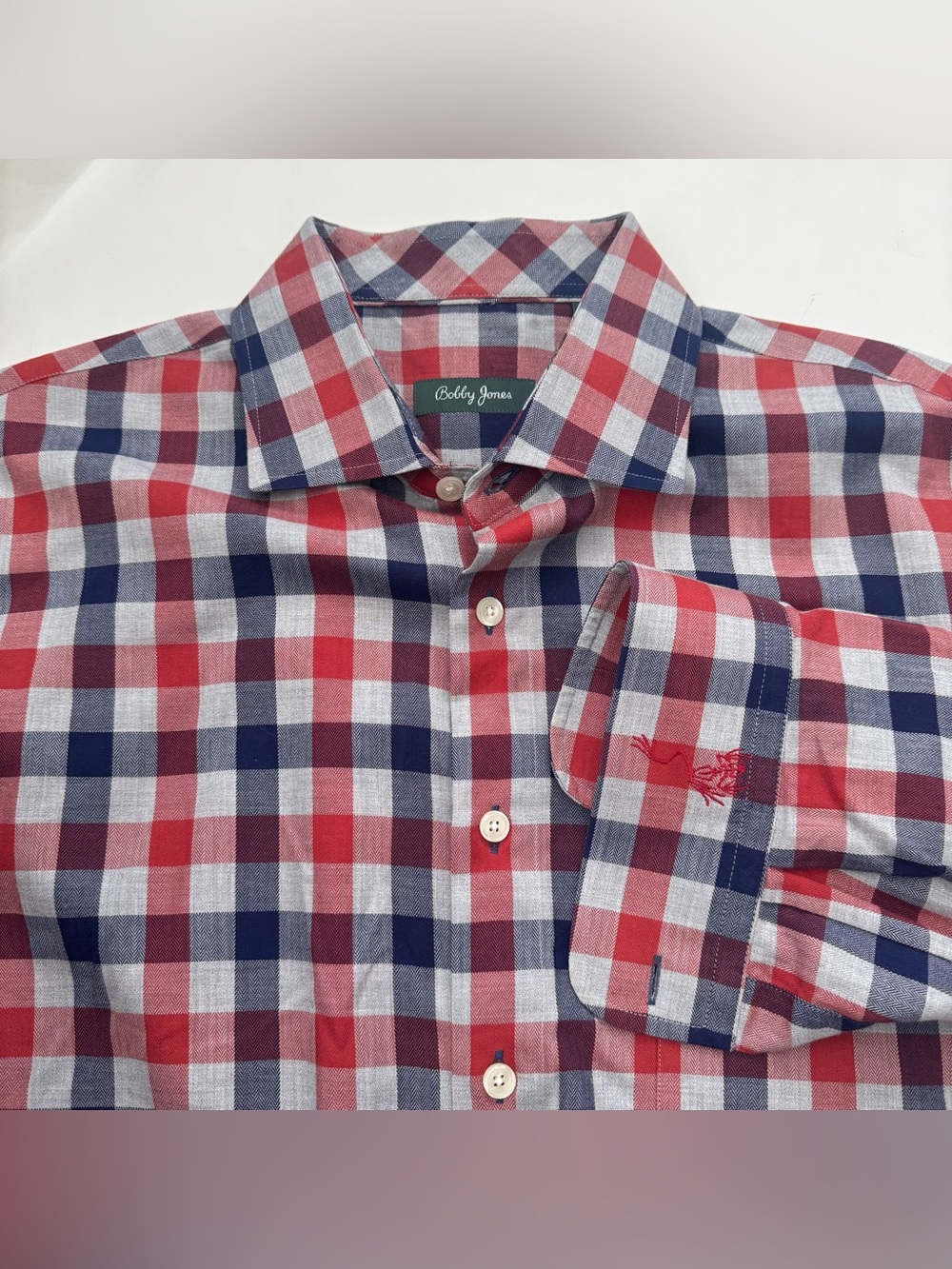 Bobby Jones Golf Shirt Men L Plaid Button Down Red White Blue Cotton Long Sleeve